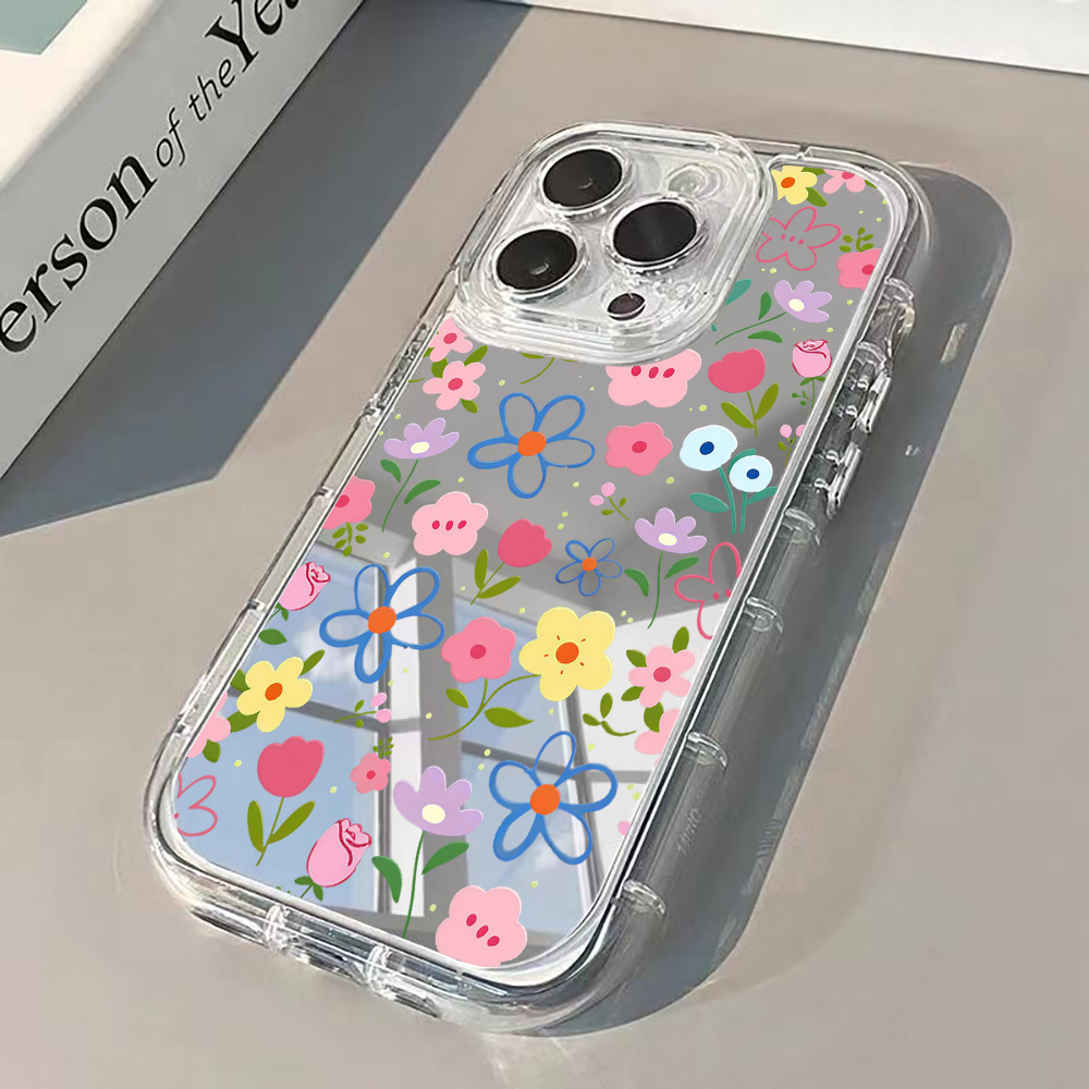 Phone Accessories To Sell - Kore Tarzı Çiçek Desenli Gümüş Aynalı